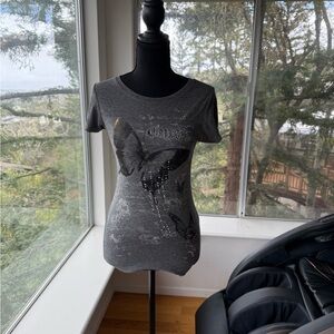 Guess Gray Butterfly Graphic Women's Tee, Small